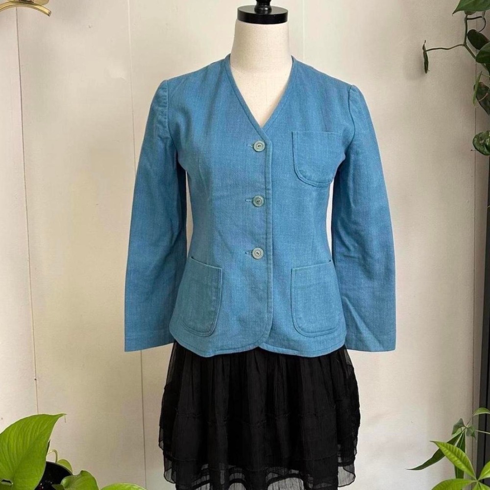 Vintage Handmade 80s Chambray Blue Blazer V-Neck 3/4 Sleeve Jacket XS S